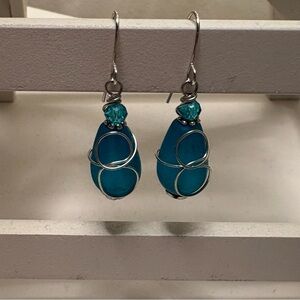 Elegant Silver and Blue Cultured Sea Glass Teardrop Earrings